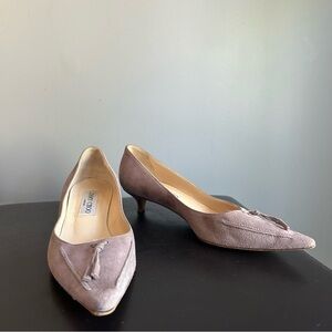 Jimmy Choo Lavender Suede Point Toe Kitten Heel with Tassel Detail